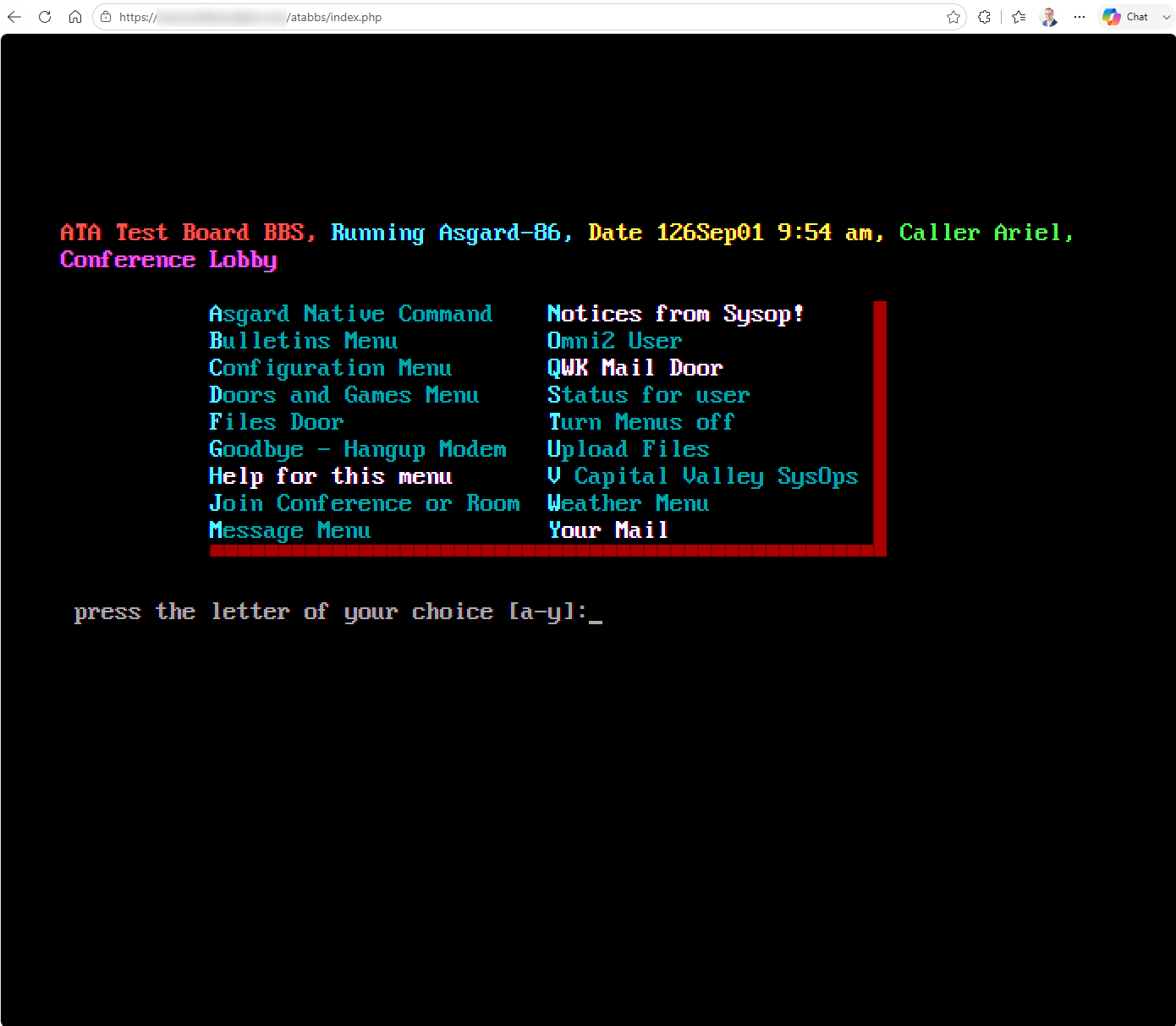 An Asgard-86 conference menu in red, cyan and magenta ANSI, running in a browser tab.