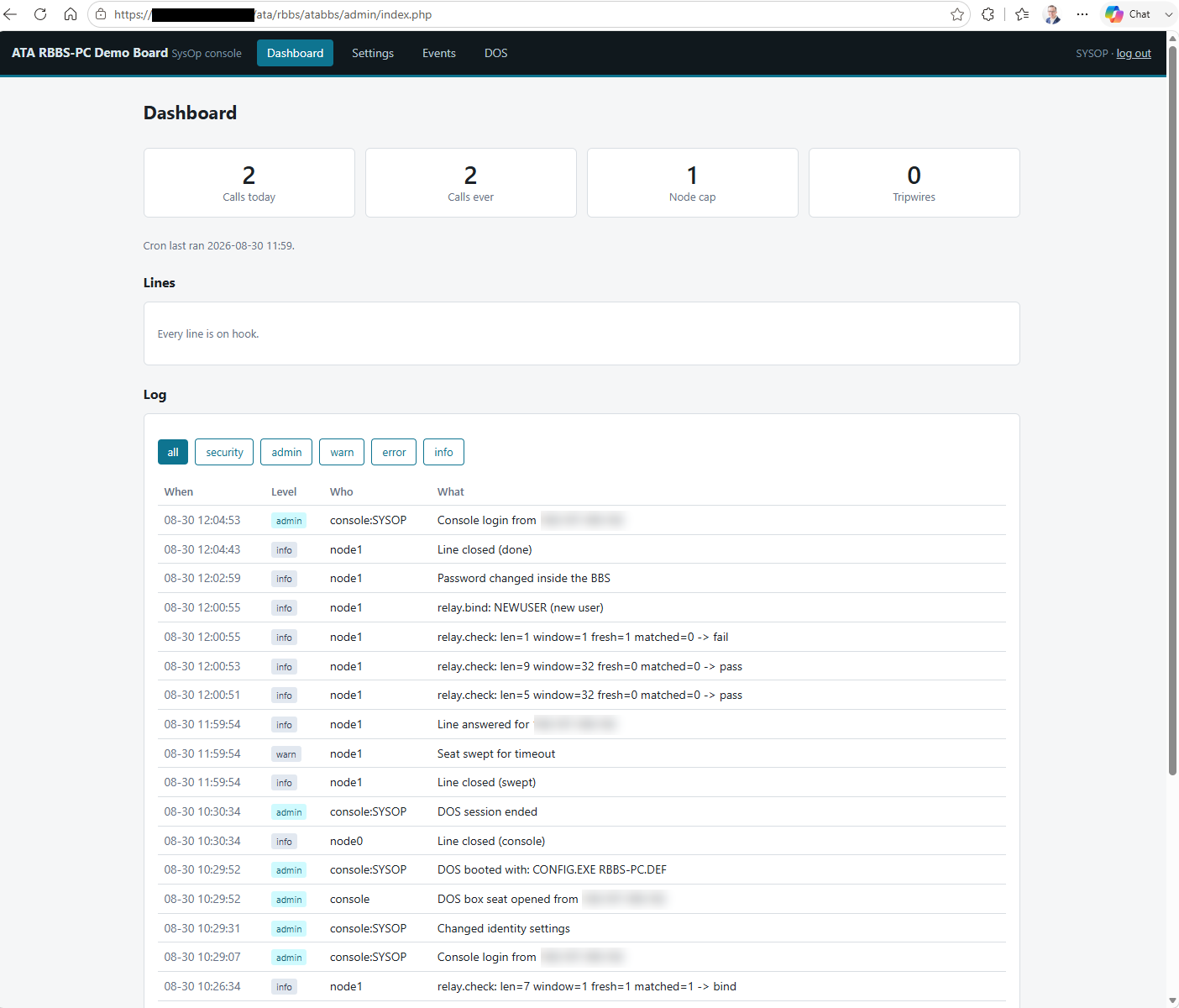 The ATA SysOp console dashboard showing calls today, node cap, tripwires, and an activity log.