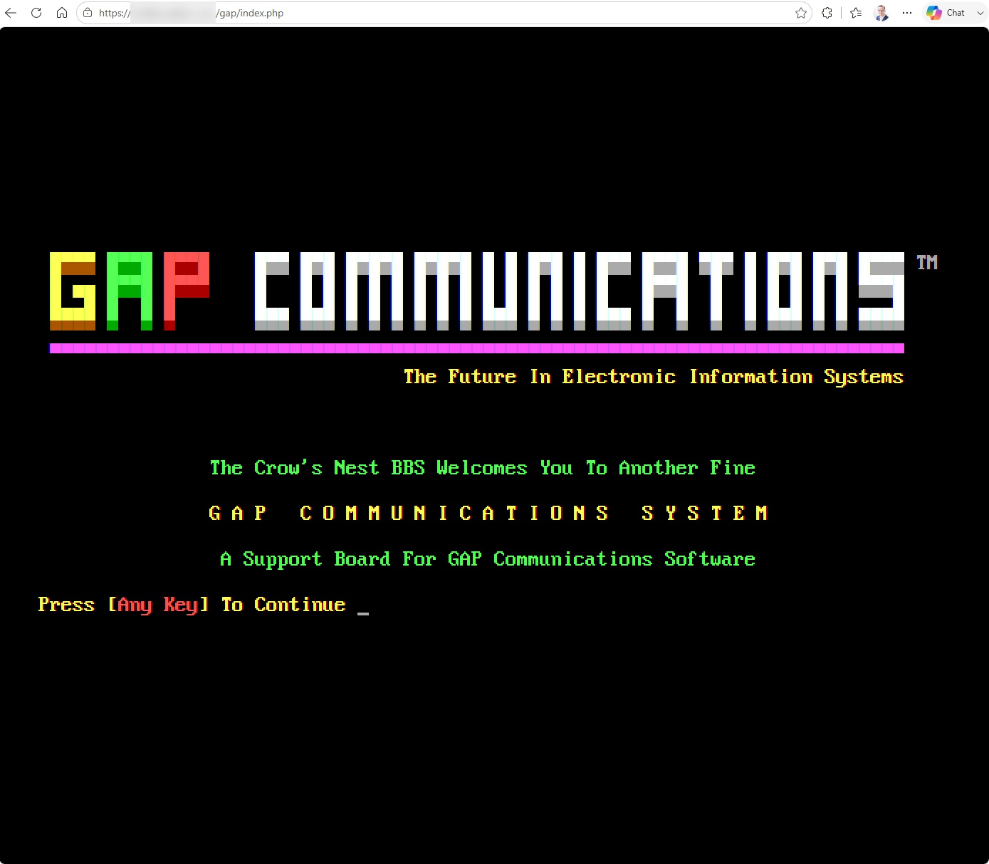 A GAP Communications welcome screen with a large block-letter logo in yellow, green and red, running in a browser tab.