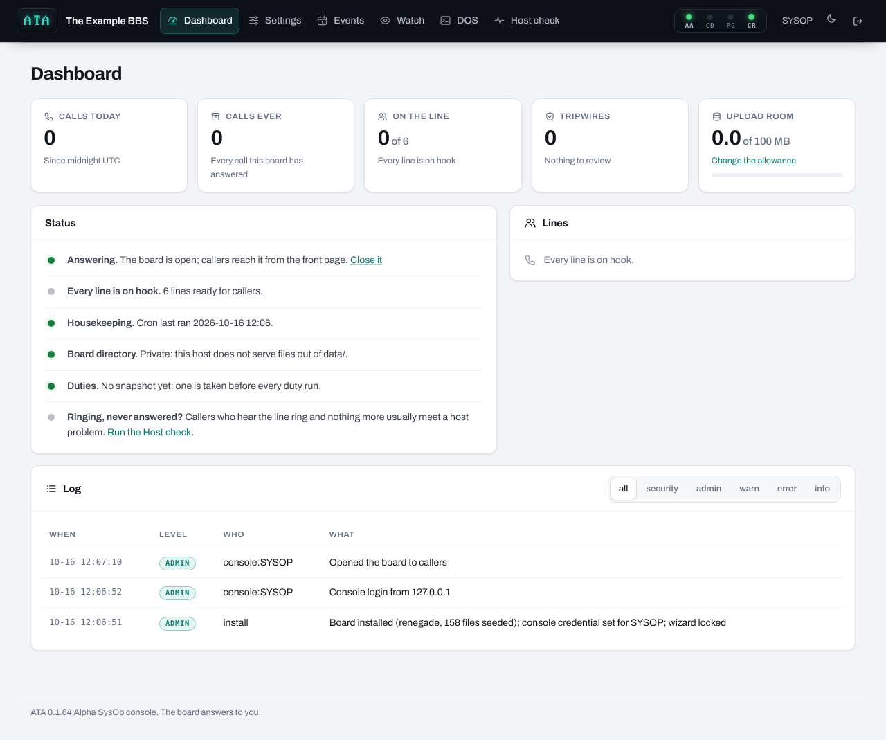 The dashboard of an open board