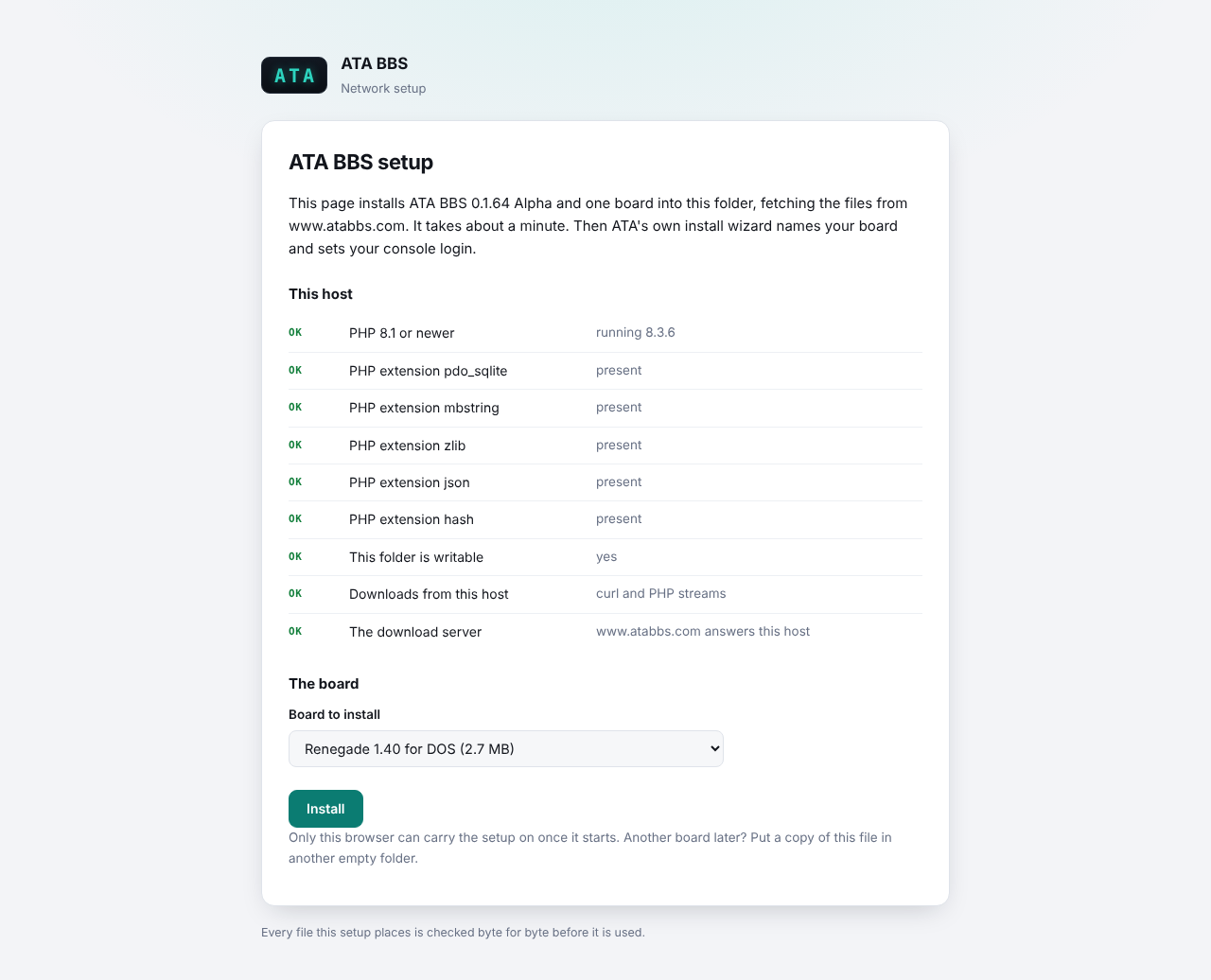 The setup page: the host check and the board picker