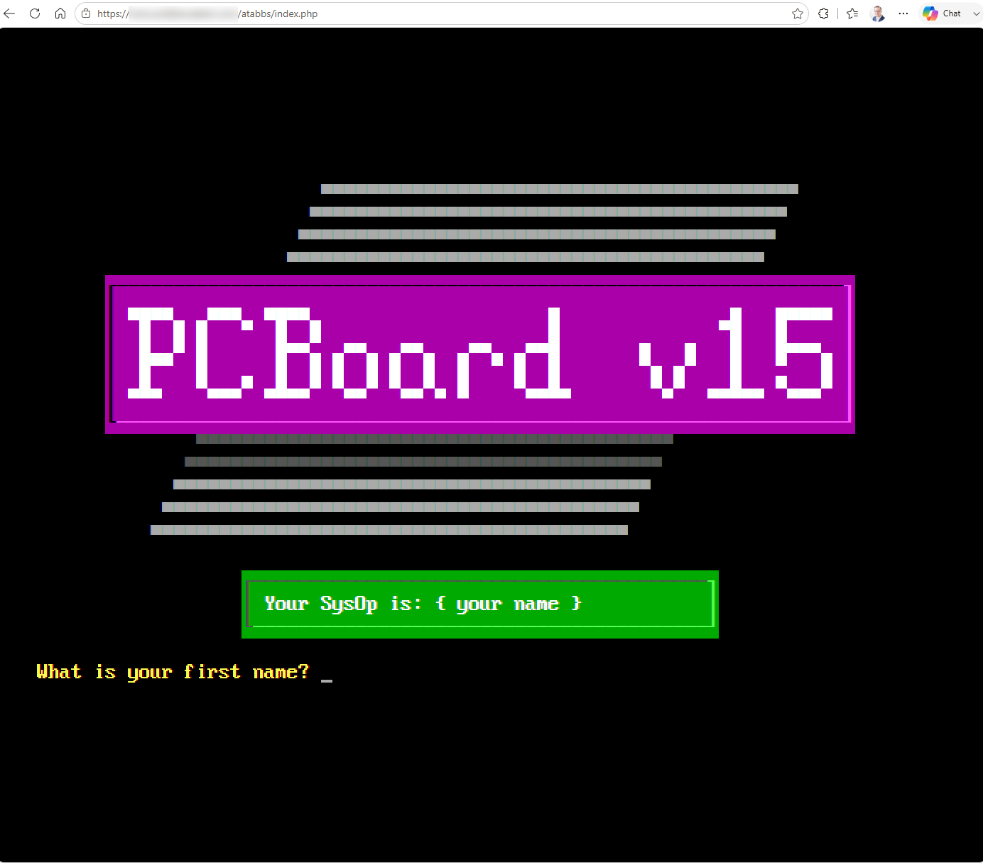 A PCBoard version 15 login screen with a large magenta banner, running in a browser tab.