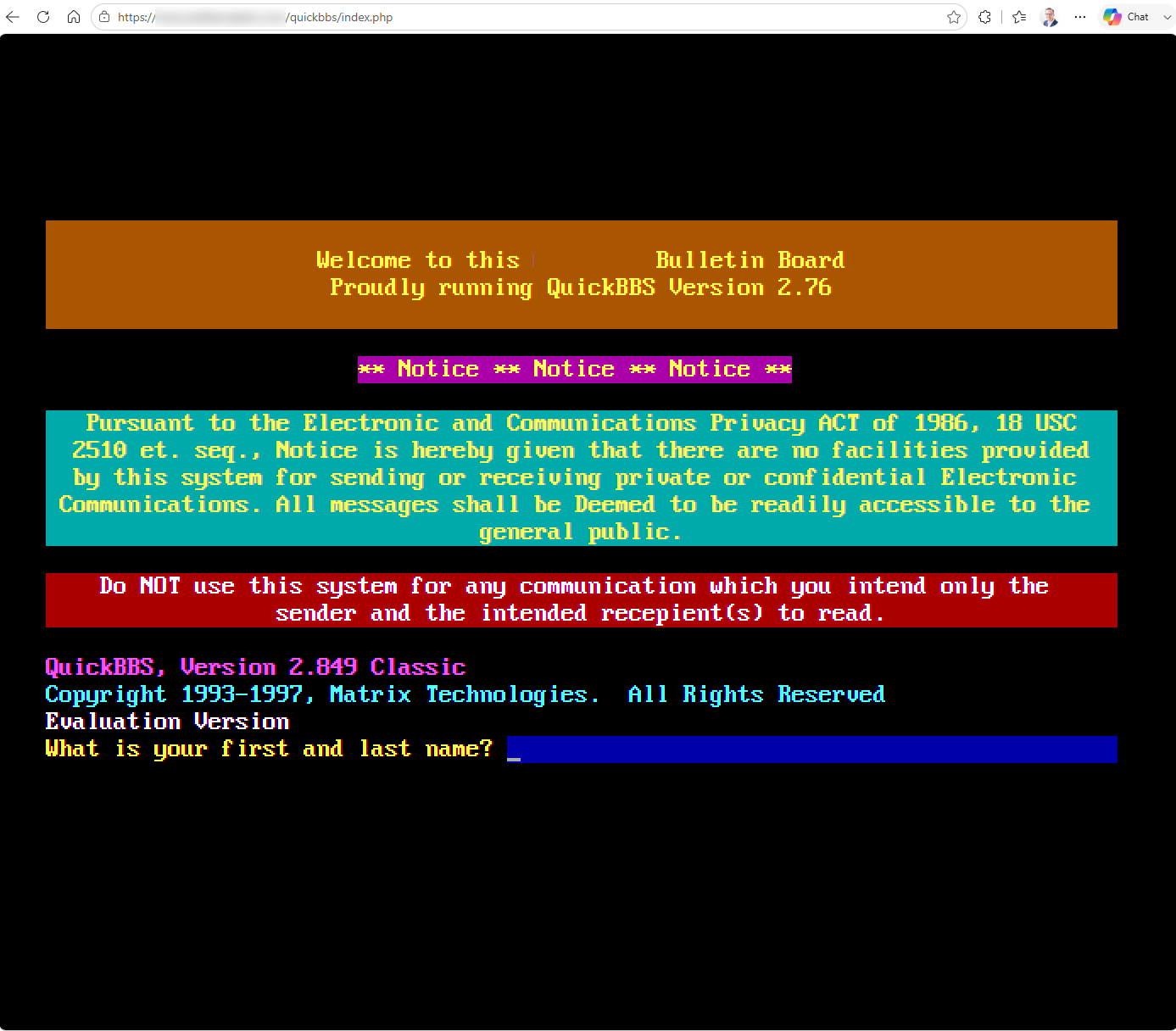 A QuickBBS welcome screen in orange, teal and red ANSI panels, running in a browser tab.