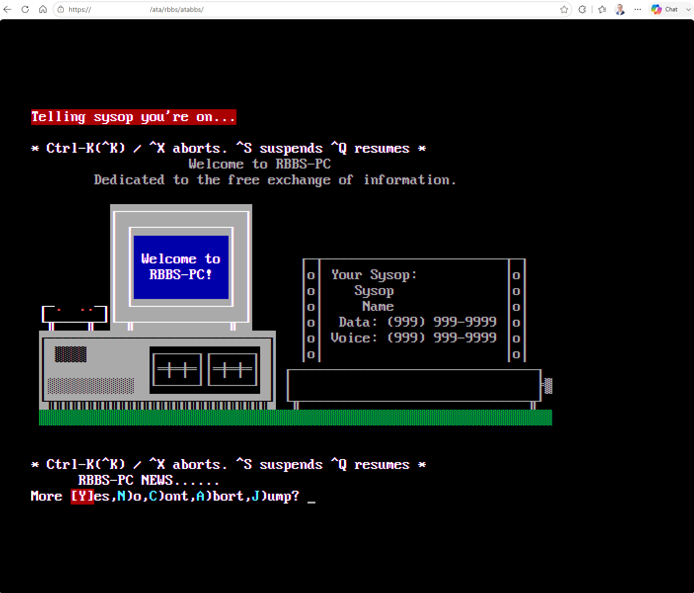An RBBS-PC welcome screen drawn in ANSI, showing a desktop computer and the words dedicated to the free exchange of information.