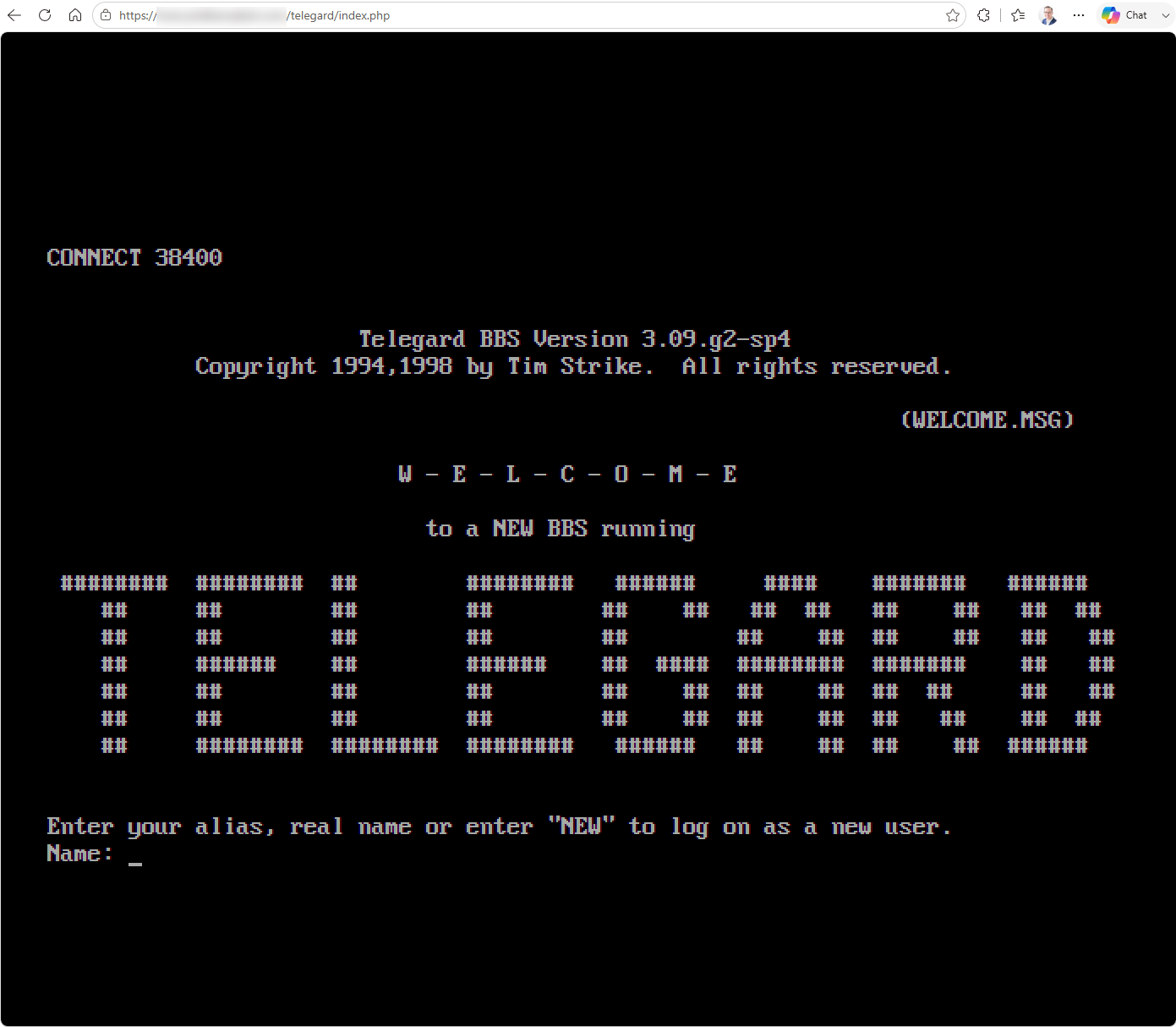 A Telegard BBS login screen with a large block-letter WELCOME banner, running in a browser tab.