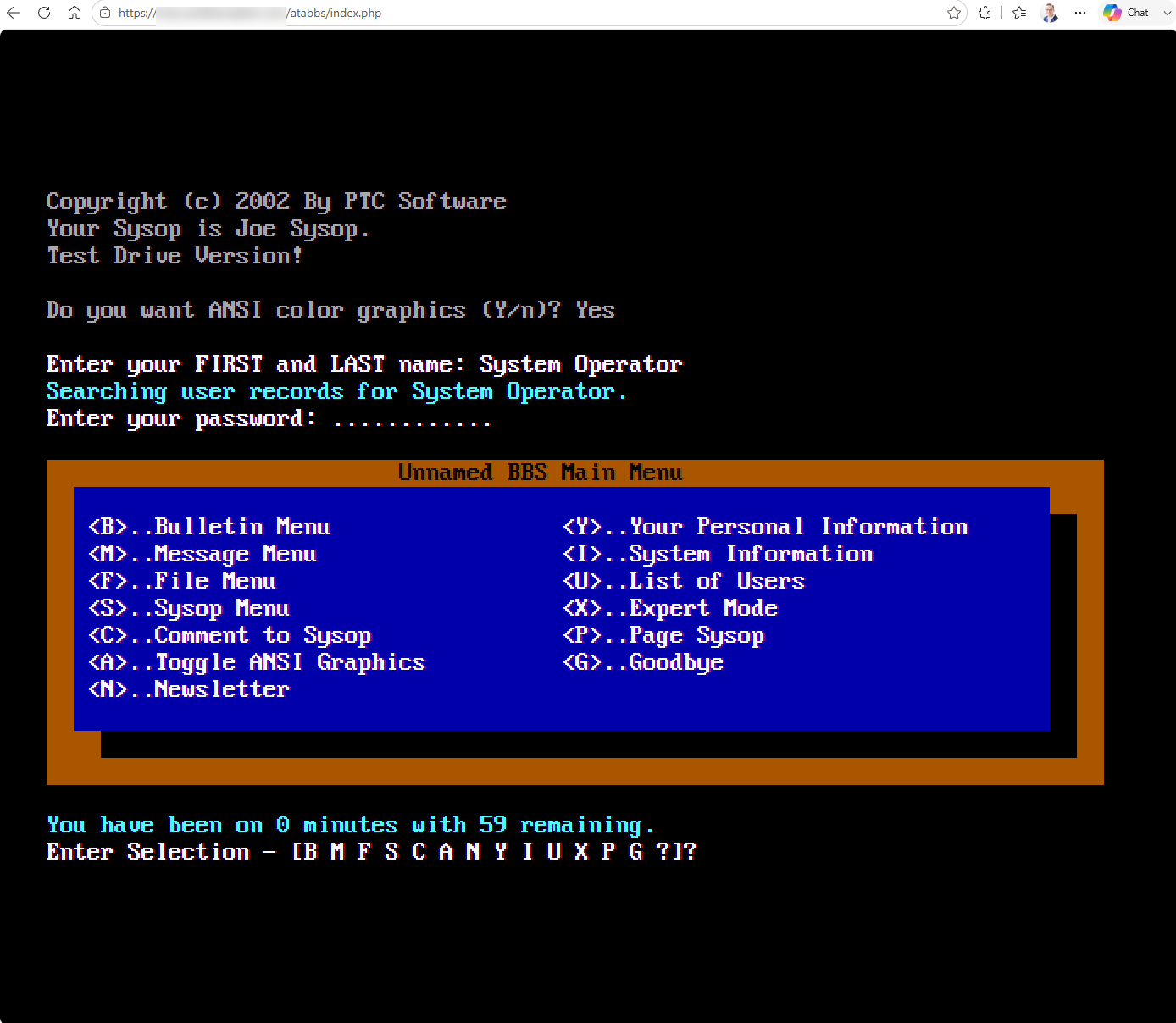 A TriBBS main menu in blue and orange ANSI, running in a browser tab.