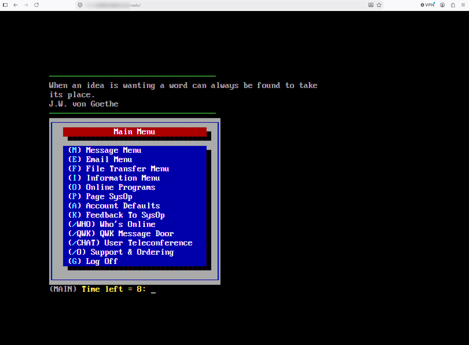 A Virtual Advanced main menu drawn in a framed blue window, running in a browser tab.