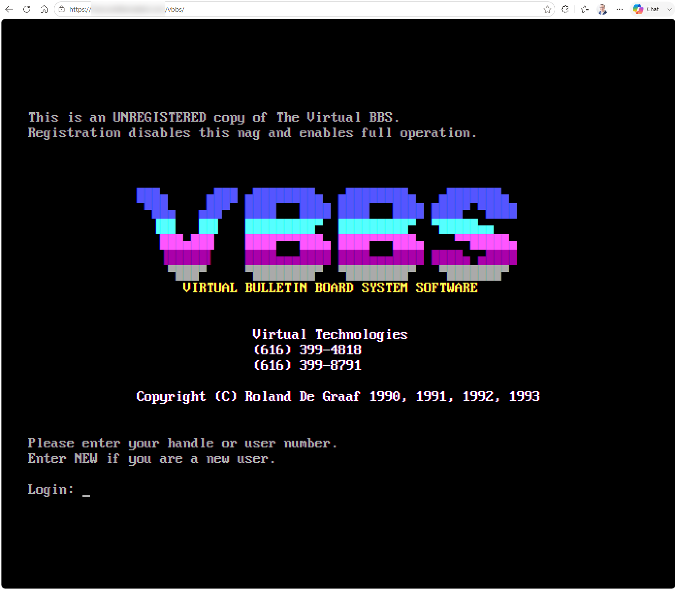 A VBBS login screen with a large pixel-art VBBS logo in blue, cyan and magenta, running in a browser tab.